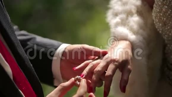 新郎和新娘互相佩戴结婚戒指关门视频的预览图