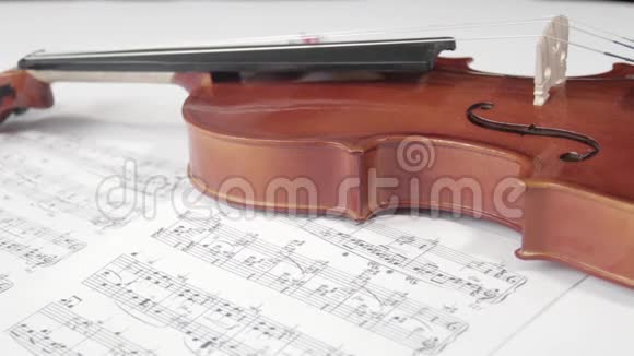 棕色小提琴与音符在白色背景旋转和盘整的镜头介绍概念视频的预览图