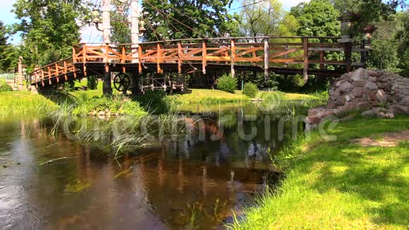 阳光明媚的公园里古老的桥在湍急的河流上视频的预览图