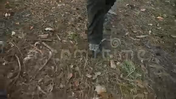 徒步旅行者在森林里徒步旅行女性徒步旅行特写视频的预览图