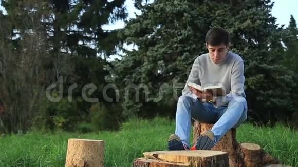 坐在公园里看书的年轻人视频的预览图