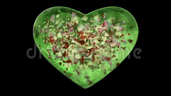 绿色冰玻璃心与雪花和彩色花瓣阿尔法马特环4k视频的预览图