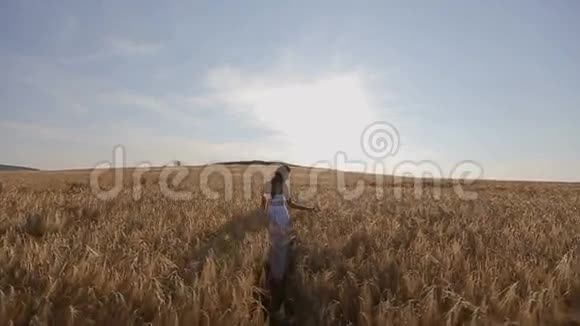 日落时分穿着白色太阳服的年轻女子穿过草地慢动作视频的预览图