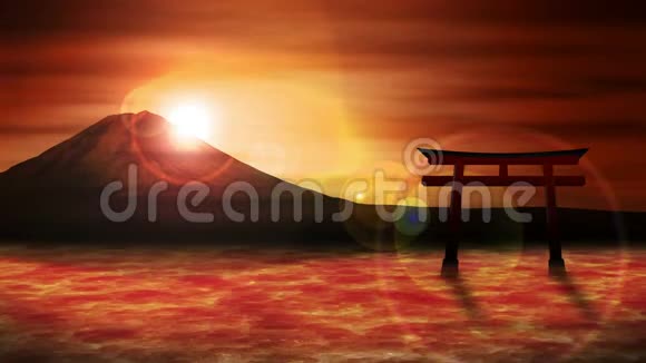 日本的红色Tori门富士山从湖CG循环动画富士山奇景视频的预览图