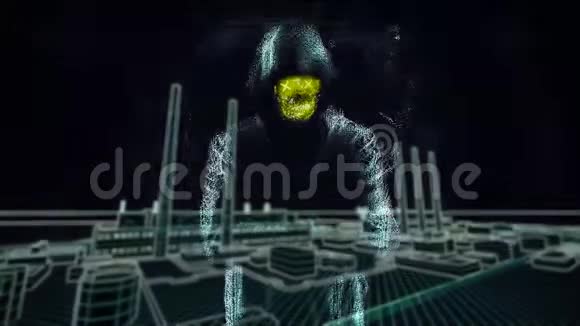 黑客的抽象动画一个工厂背景上带帽罩的灰色夹克中不可辨认的人脸全息图视频的预览图