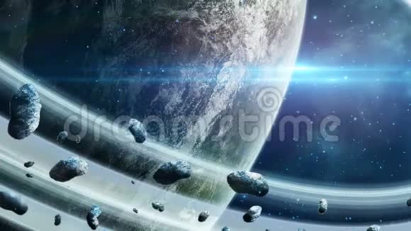 太空场景有圆环的行星和蓝光的小行星美国宇航局提供的元素3D绘制视频的预览图