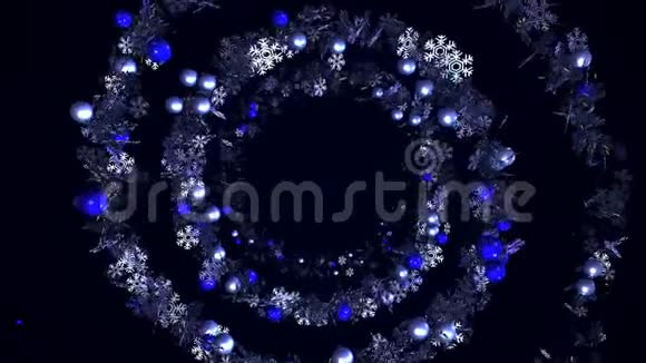 抽象旋转螺旋的雪花和蓝色圣诞树玩具在黑色背景无缝的循环动画视频的预览图