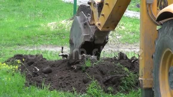 工业挖掘机在草坪上挖洞视频的预览图
