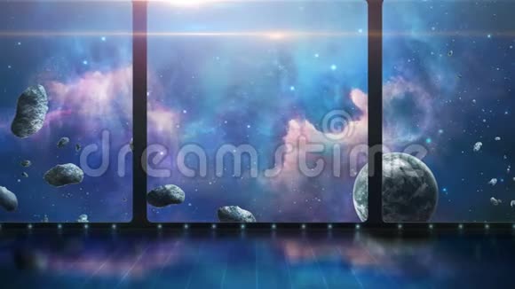 太空场景有蓝色星云行星和小行星的3D房间美国宇航局提供的元件三维渲染视频的预览图