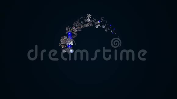 抽象旋转螺旋的雪花和蓝色圣诞树玩具在黑色背景无缝的循环动画视频的预览图