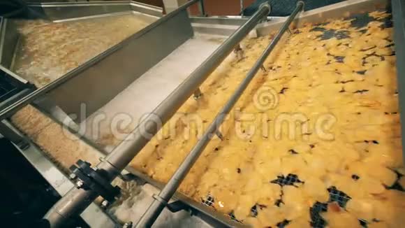 土豆片在食品厂的现代传送带上油炸视频的预览图