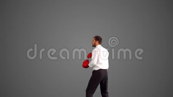 戴拳击手套的商人在灰色背景下跳跃和打拳视频的预览图