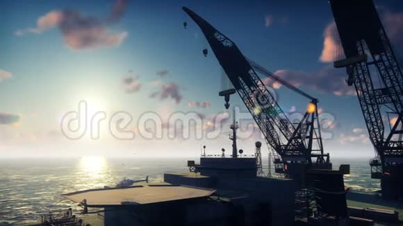 石油平台海上平台或海上钻井平台在日出时真实的电影动画视频的预览图