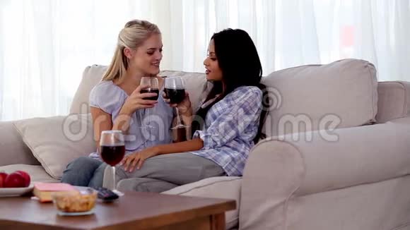 有魅力的朋友把一杯红酒凑在一起视频的预览图