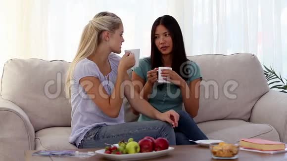 有魅力的朋友在喝咖啡时聊天视频的预览图