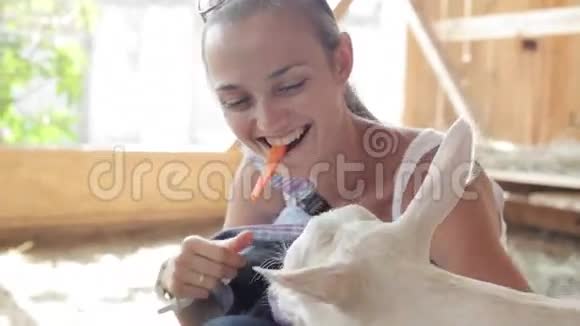 用手喂山羊的年轻女人视频的预览图