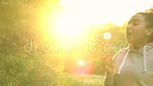 混血非裔美国少女少女少女日落时吹蒲公英视频的预览图