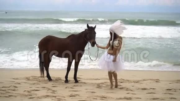 海滩上骑着棕色马的女人视频的预览图