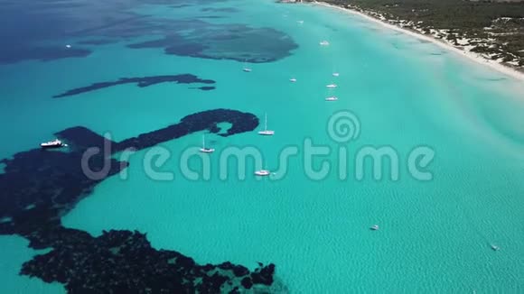科洛尼亚圣乔迪马略卡西班牙令人惊叹的无人机空中景观迷人的埃斯坦尼海滩和船在一个绿松石的海洋视频的预览图
