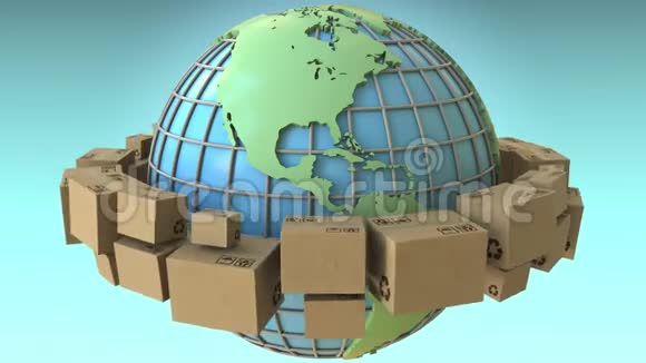 美国强调纸箱在世界各地旋转概念循环三维动画视频的预览图