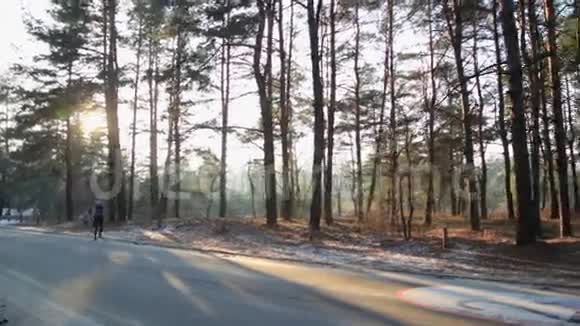 身材苗条的年轻女子在日出时从事体操她沿着森林奔跑视频的预览图