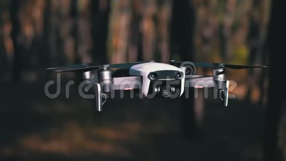 带着相机在空中盘旋的无人机在森林里的地面上飞慢动作视频的预览图