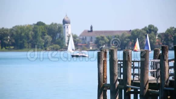 海鸥坐在巴伐利亚弗劳恩基姆湖前的码头上视频的预览图