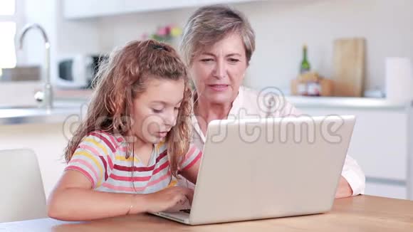 孩子和她奶奶一起用笔记本电脑视频的预览图
