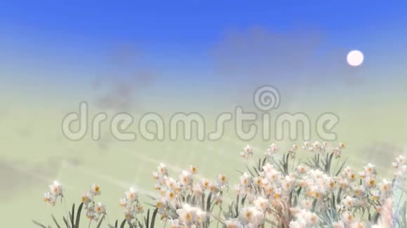 动画的春天背景与移动的云在天空和移动的水仙花视频的预览图