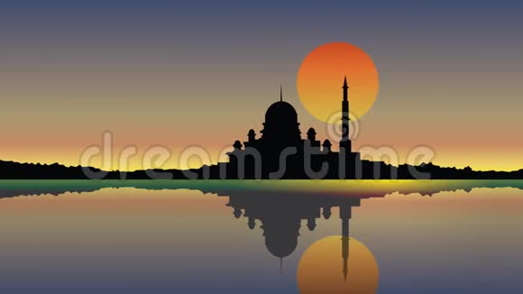 日落时看清真寺和水中光线的反射视频的预览图