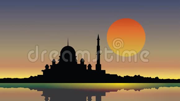 日落时看清真寺和水中光线的反射视频的预览图