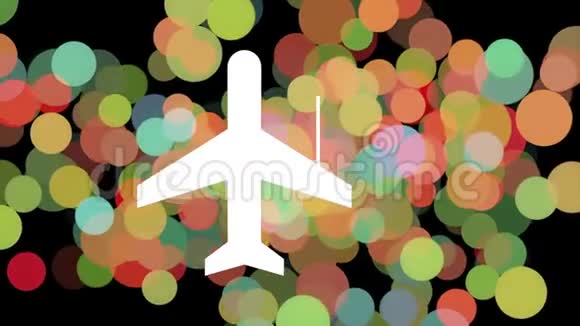 飞机形状的抽象动画飞行在五颜六色的粒子或气泡上混沌地漂浮闪烁着视频的预览图