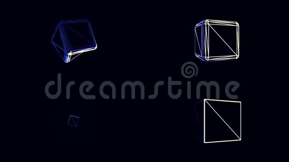 抽象四个立方体框架的白色旋转深蓝色背景无缝环动画几何数字视频的预览图