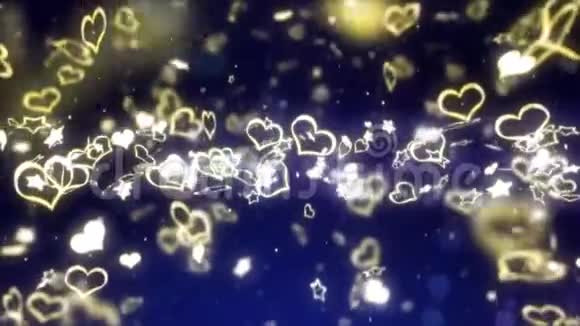 闪耀着明亮的心和星星爱和情人节的概念浪漫之夜黄金蓝色背景循环动画视频的预览图