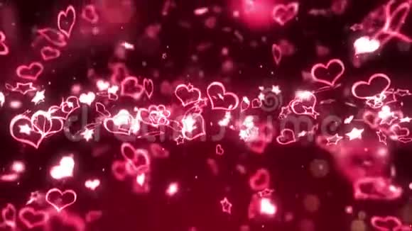 闪耀着明亮的心和星星爱和情人节的概念浪漫之夜红色背景循环动画视频的预览图