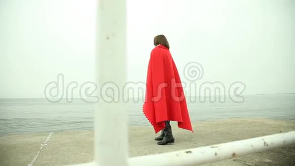 孤独的女孩穿着红毯看着大海视频的预览图