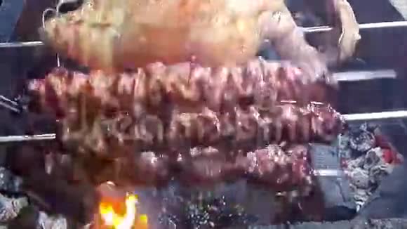 在木炉上烤猪肉和鸭肉视频的预览图