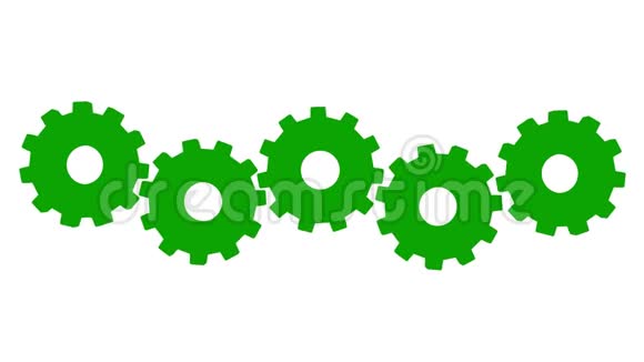 三维动画五个绿色齿轮旋转白色背景阿尔法通道视频的预览图