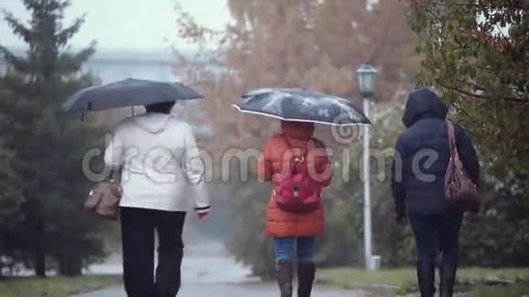 人们带着雨伞在一个多雪多雨的秋天潮湿的日子里走在街上1920x1080恶劣天气视频的预览图
