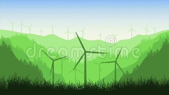 风力涡轮机2d动画在山上背景的森林风景优美的风电场视频的预览图