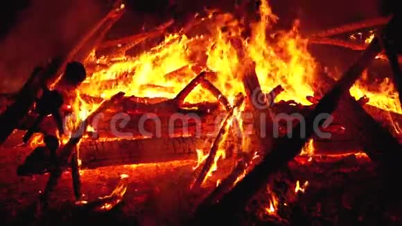 大篝火的原木燃烧在森林的夜晚180fps的慢速运动视频的预览图