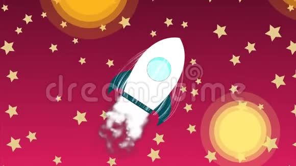 卡通火箭太空船用烟雾发射到天空与星星空间探索艺术设计启动创意3d视频的预览图