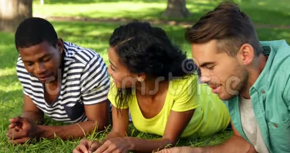 微笑的朋友聊天躺在草地上视频的预览图