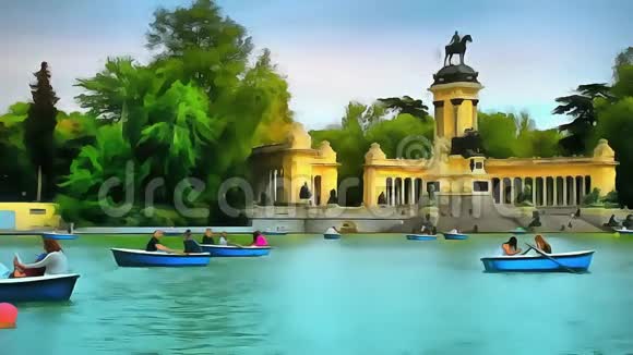 游客和市民在马德里的布恩雷蒂罗公园里放松乘船游泳视频的预览图