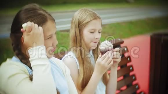 两个小女孩苗条又胖吃健康有害的食物蔬菜和蛋糕坐在咖啡馆的长凳上视频的预览图