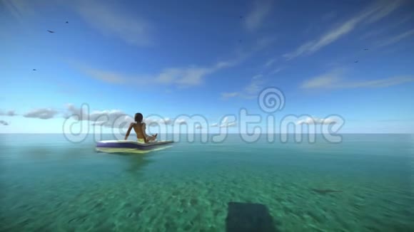 女子日光浴阳光夏日海滩放松理念高品质完美的3D动画蓝色热带海洋视频的预览图