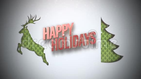 动画特写节日快乐绿色圣诞树和雪地上的鹿视频的预览图