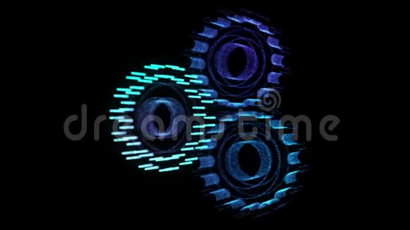 发光蓝光粒子点的齿轮模型三维虚拟空间中的无缝循环运动动画卫生学视频的预览图