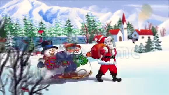 圣诞老人和雪人沿着冬天的路走视频的预览图