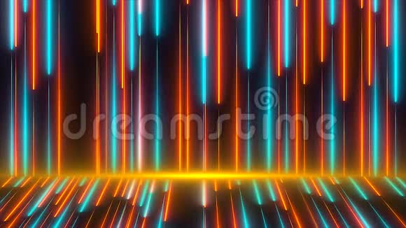 色彩鲜艳的霓虹灯梁在墙上和地板上现代霓虹灯技术三维渲染计算机生成视频的预览图
